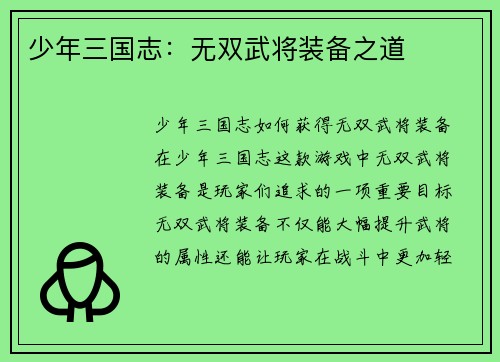 少年三国志：无双武将装备之道